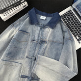 Hearujoy New Chinese Denim Coat Spring Autumn Vintage Washed Pan Button Jacket Unisex Used Heavy Industry Splicing Washed Cowboy Jacket